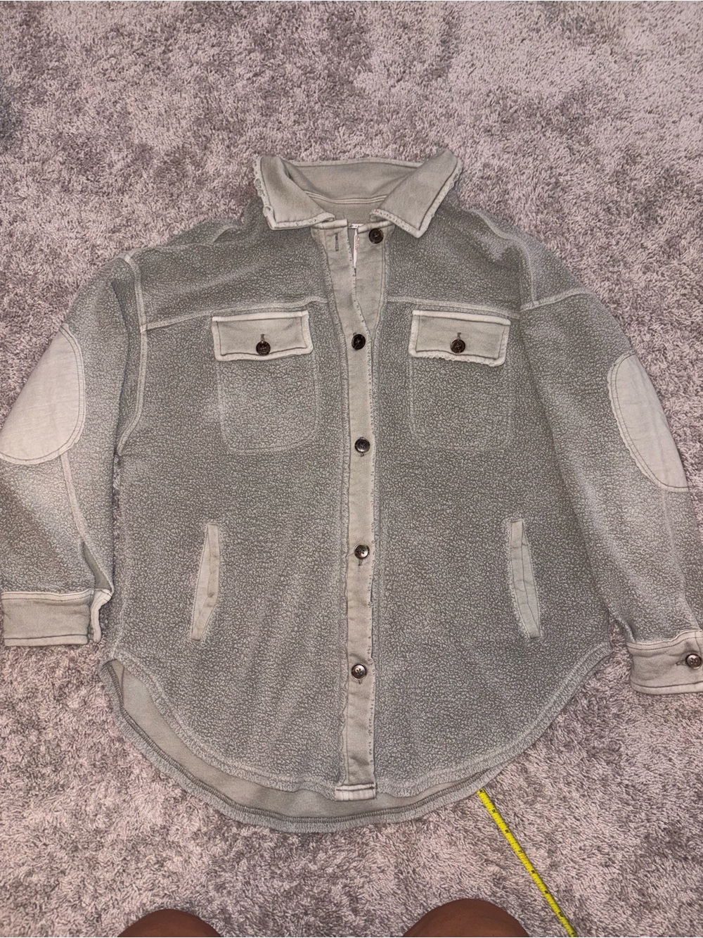 Free People Distressed Light Gray/Olive Green Sherpa Button-Down Shacket